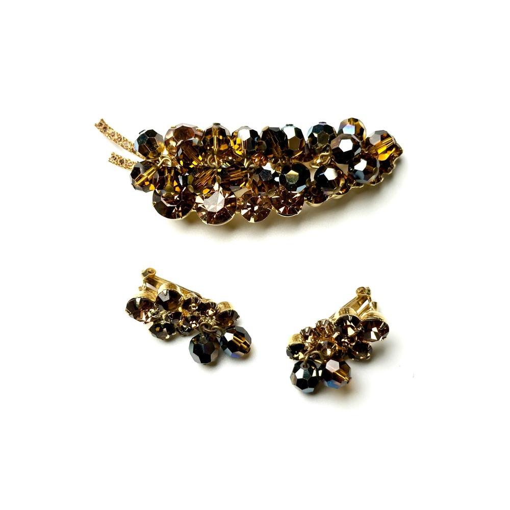 Juliana DeLizza Elster Cha-Cha Leaf Brooch Earrings Set Topaz Brown Crystal